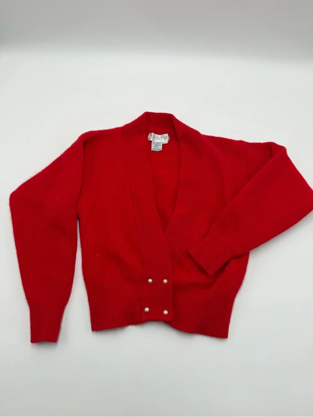Vintage Top Knitters Kids L Red Lambswool Angora Cardigan Sweater Preppy Pearl